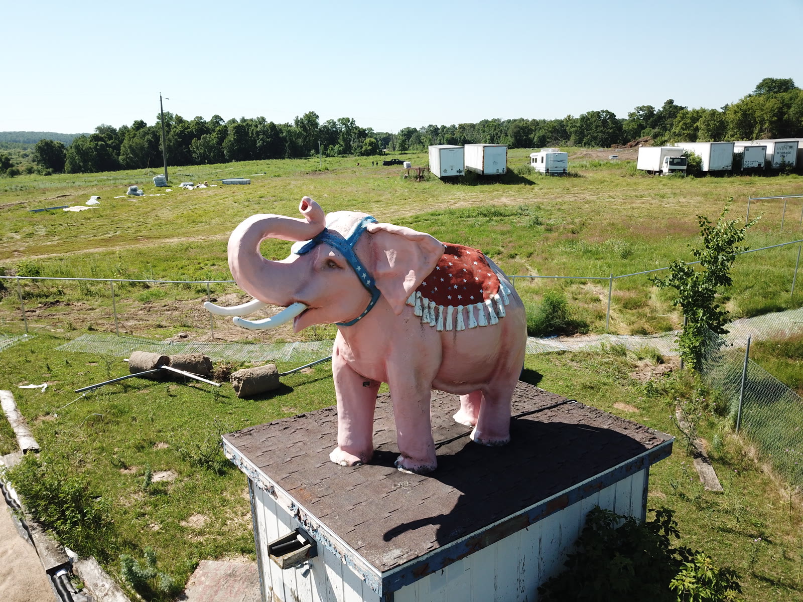 Drone photo of the famous pink elephant roadside statue on Highway 27 between Long Prairie and Little Falls Minnesota